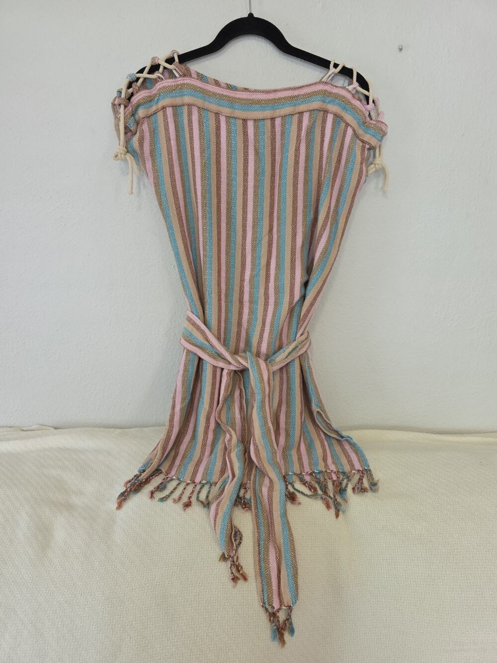 Bohemian Style Multi Colored Striped Knit Tunic Dress Lace Up Shoulder Tie Belt